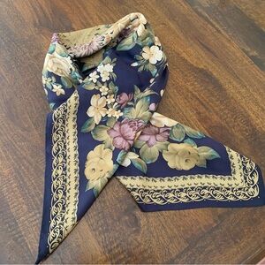 Ellen Tracy Navy and Gold Floral Silk Scarf. Excellent condition!